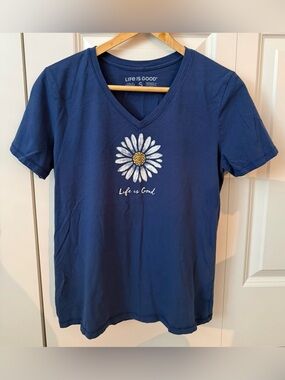 Life Is Good T-Shirt Women’s Blue V-Neck Daisy Flower Small Tee Top